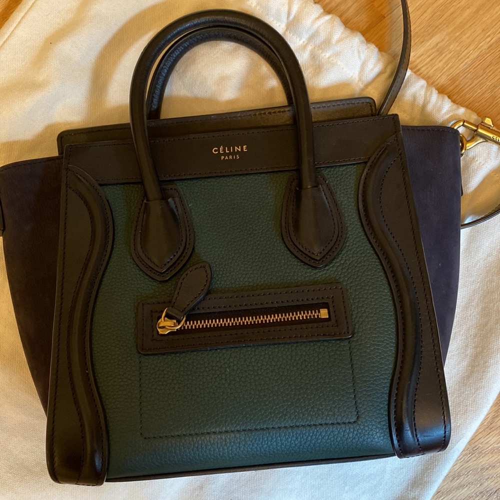 Céline mini luggage tote bicolour smooth calfskin in green and black - Picture 2 of 10